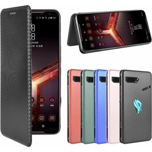 For Asus ROG Phone II 2 Case Fashion Carbon Fiber PC Hard Card Holder Slim Leather Case For Asus ROG 2 ZS660KL Wallet Flip Cover