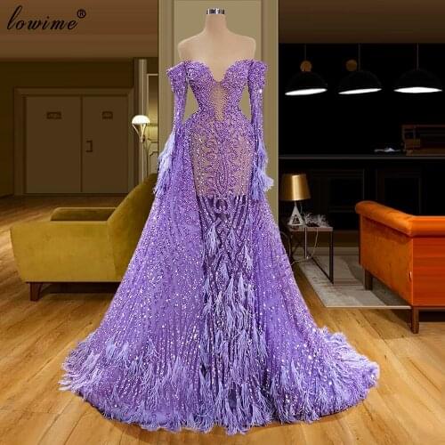 Two Designs Purple Glitter Evening Dresses With Detachable Skirt Sexy Evening Gowns Feathers Elegant Prom Dresses Evening Wear