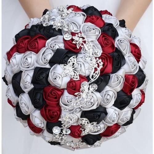 Custom Silver Black Satin Roses Flowers Wedding Bouquet de novia Crystal Brooch Bridal Artificial Flowers Holding Bouquet W2216
