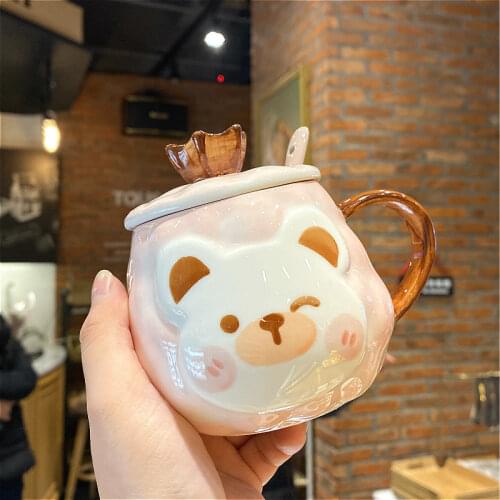 Ins Korean Cute Cartoon Breakfast Creative Water Cup Ceramic Cup For Girl Students Mug With Lid And Spoon