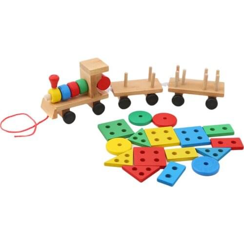 Hot Selling 2021 Kids Baby Developmental Toys Wooden Train Truck Set Geometric Blocks Wonderful Gift Toy