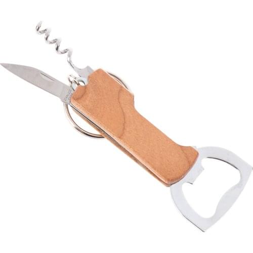 Multifunctional Beer Opener Keychain Stainless Steel Wooden Handle Corkscrew Wine Opener Bar Party Accessories Multitool