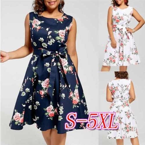 2019 fashion summer womens sleeveless dress Plus size S-5XL Belt slim Printed dress female Casual A-line dresses Vestidos G363