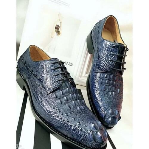 100% Genuine real crocodile head skin men shoe durable solid crocodile tail skin men dress business shoe dark blue color