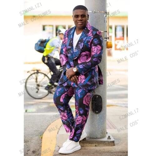 Trajes De Hombre Men Suits With Pants 2020 Formal Wedding Dress Purple Floral 2 Pieces Set Groom Wedding Suits For Men Tuxedo
