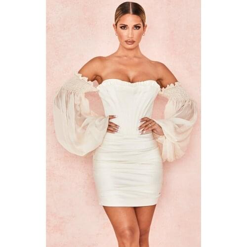 Newlife Summer Womens Strapless Lantern Sleeve Mini Celebrity Sexy White High Quality Women Dress Evening Party Dress