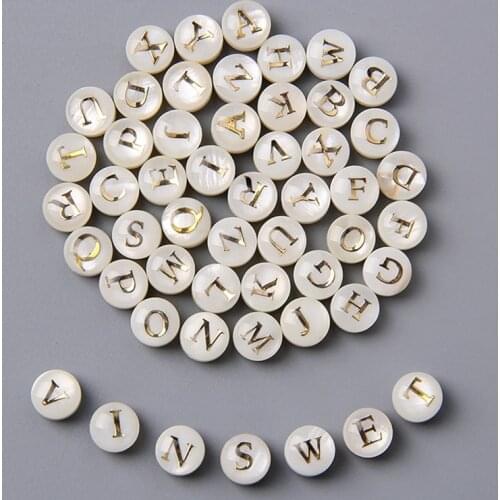 8MM Freshwater Shell Beads 26 Letter A~Z Charms Pendant Round With Golden Letter For DIY Earring Bracelet Necklace Jewelry Beads