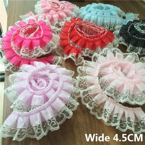 4.5CM Wide Luxury Tulle Double Layers 3D Pleated Chiffon Lace Collar Ruffle Trim Embroidery Ribbon Sewing Accessories 8Colors