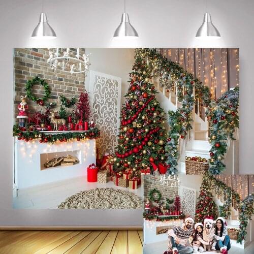 Christmas Eve Party Photography Backdrop Fireplace Home Xmas Tree Photo Background Gift Blanket Living Room Indoor Photocall
