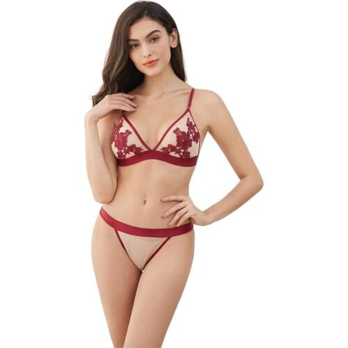 Sexy wire free advanced knitted embroidered thin bra comfortable underwear womens bra set