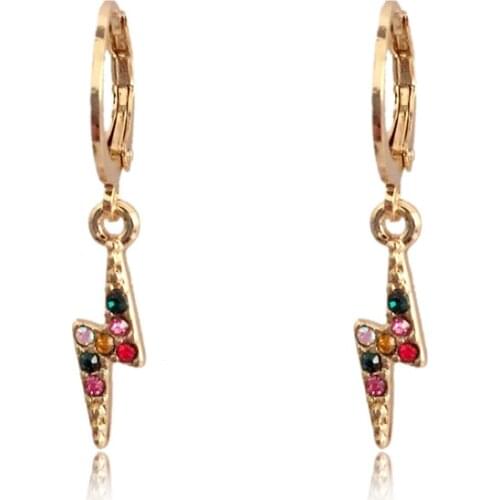 Gold Color Rainbow Multi Colored Stone Lightening Flash Charm Hoop Earrings For Girl Party Bling Bling