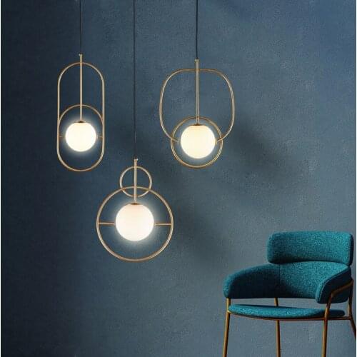 Northern Europe post modern simple dining room lamp bedroom bedside lamp iron single head bar round glass chandelier