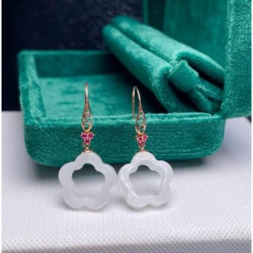 Shilovem 18k yellow Natural white jasper Drop Earrings fine Jewelry women trendy party Christmas gift 14mm myme1414666hby