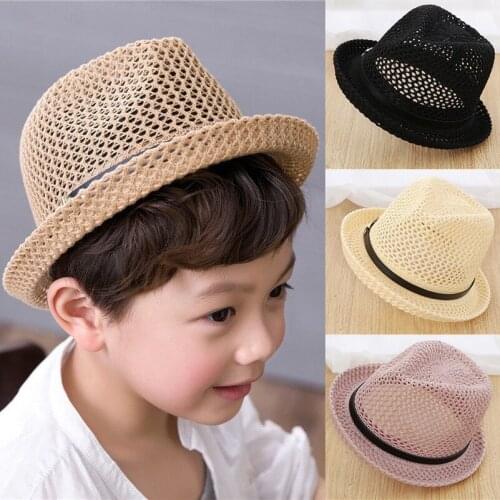 Children Sun Hat Kids Summer Beach Breathable Straw Hat Jazz Panama Trilby Fedora Hats Baby Hats Girls Boys Sunvisor 4-8Years