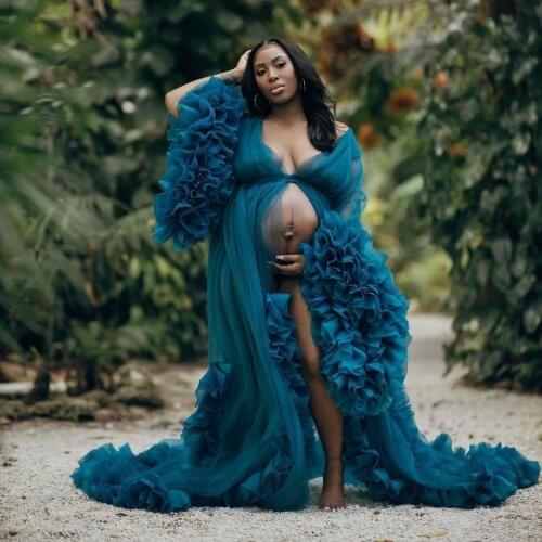 Blue Maternity Gowns for Photoshoot Luxury Ruffles Tiered Skirts Pluffy Women Maternity Dresses Babyshower Evening Party Wear