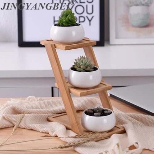 1 Set Modern Minimalist White Ceramic Flowerpot Succulent Plant Pot 3 Bonsai Planters with 3-Tier Bamboo Shelf Home Garden Decor