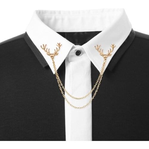 Unisex Stylish Shirt Brooch Pin Suit Collar Deer Head with Long Chains Accessory gift for him