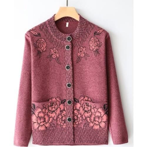 Round Neck Vintage Sweater Knitted Cardigan Middle-aged Mom Women Sweater Ladies Cardigan Jacket Casual Sweater Coat Warm Jacket