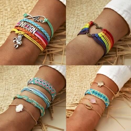 Tocona Colorful Ropse Bracelets for Woemen Charming Heart Horse Shiny Rhinestone Shell Hollow Geometric Bohemian Jewelry Gift