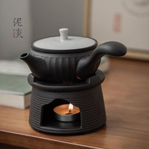 Japanese style coarse pottery side handle teapot stainless steel filter ceramic Kung Fu tea por set warming tea stove candle