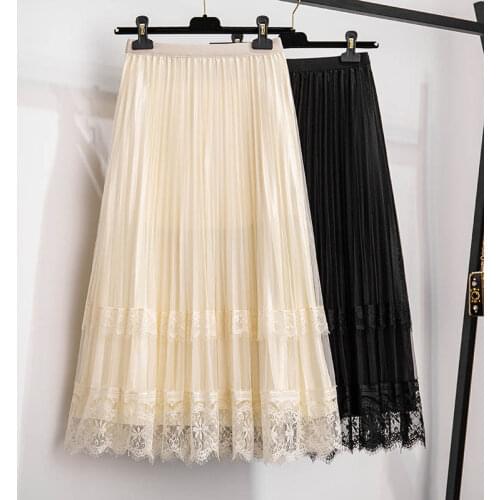 150Kg Plus size womens a-line high waist pleated skirt 5XL 6XL 7XL 8XL 9XL 10XL loose temperament lace skirt black apricot