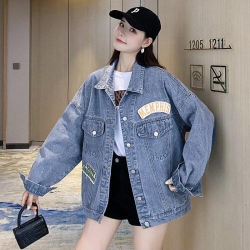 Solid Jean Jacket For Women Letters Loose Casual Blue Women Coats Female Outwear Denim Feminine Chaqueta Mujer Coat 2021 Autumn