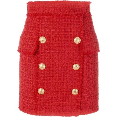 New Design Mini Red Tweed Skirt Tassel Wool Short Skirt Double Lion Button Fashion Runway Women Skirt
