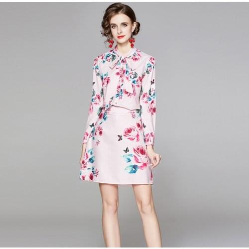 Runway Autumn Sicilian Roses Two Piece Sets Womens Tops And Skirts Set Flower Print Mini Skirts Female Pink Office Suits