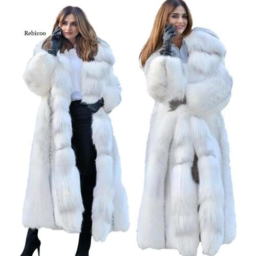 X-Long Faux Fox Fur Coat for Women Trendy Winter Warm Thick Longsleeves High-End White Furry Jackets New Fashion