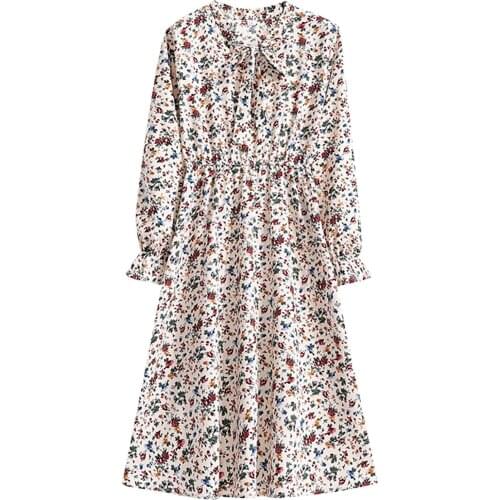 Autumn French Vintage Fairy Dress Women Elegant Bowknot Tie Floral Printing Temperament Midi Dress Female Party Dress Robe