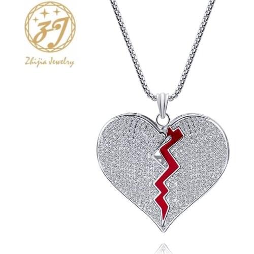 Zhijia silver color broken heart couple Break up Lost love pendant crystal necklace for women men gifts lost love gifts