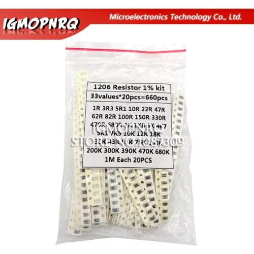 33valuesX 20PCS=660PCS 1206 SMD Resistor Kit Assorted Kit igmopnrq 1ohm-1M ohm 1% Sample Kit