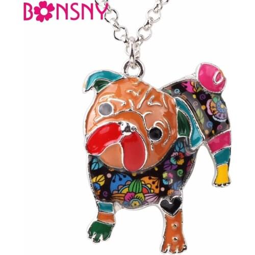 Bonsny Enamel Alloy Bulldog Pug Dog Choker Necklace Pendant Chain Collar Trendy Animal Jewelry For Women Girls Gift Party Charms