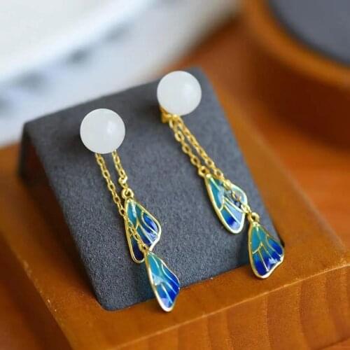 Natural Hetian white jade long Tassel Earrings Chinese style antique enamel porcelain craft elegant charm womens brand jewelry