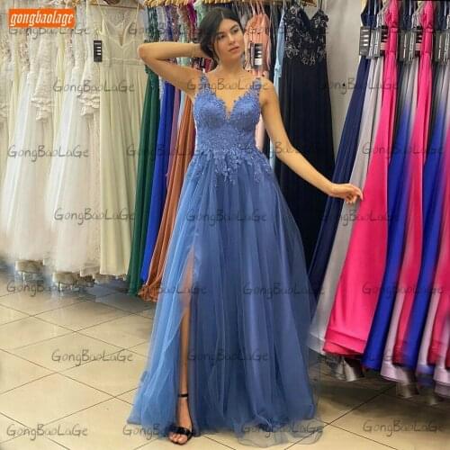 V Neck Blue Prom Dresses Long Vestidos De Fiesta Lace Appliqu A Line Formal Dress Party Gowns Custom Made 2020 Vestidos Formales