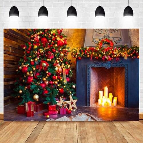 Laeacco Christmas Tree Socks Candles Fireplace Gifts Newborn Birthday Photo Photography Background Backdrop For Photo Studio