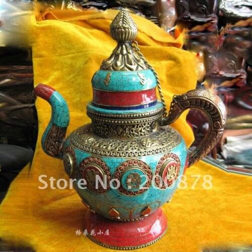 HDC0791 Tibetan Bar Resterant decor oranmanet,brass turquoise butter kettle,Tibetan antiqued home decor handicrafts,28cm