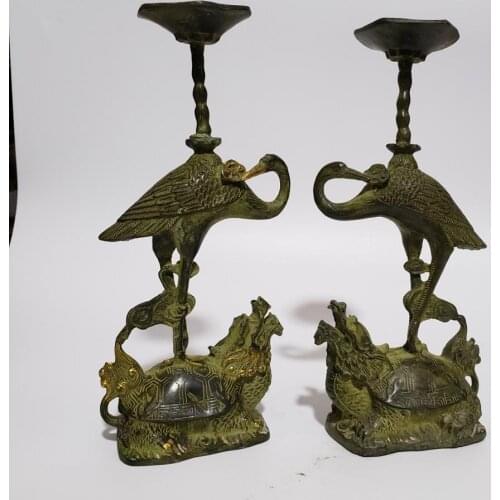 Art Collection1 Pair (2piece) chinese old Bronze Tortoise Crane Candlestick sculpture, home decoration Candlestick model statue
