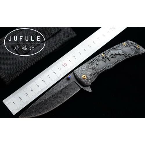 JUFULE Original design Damascus pattern folding camp hunt pocket Survival EDC tools Tactical outdoor flipper 3504 kitchen knife