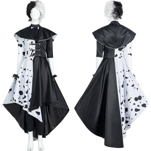 2021 Cruella Estella Cosplay Costume Punk Black White Spots Coat Evening Halloween Party Emma Magic Stage Performance Oufit