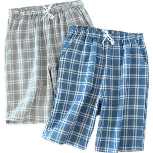 Hot sale Summer plaid shorts sleep bottoms men sleepwear pants soft 100% cotton home shorts men casual pajamas pants for male