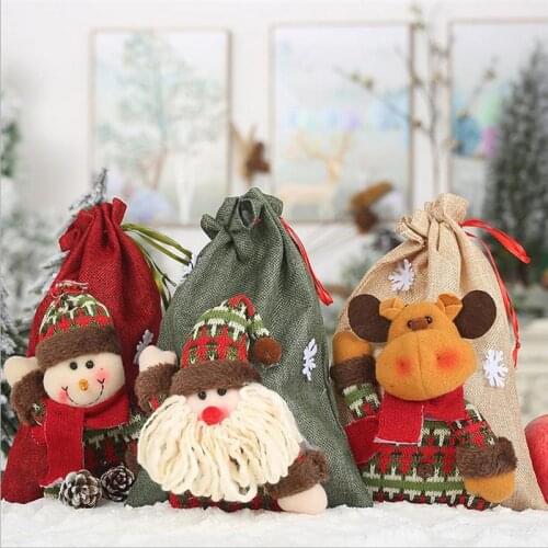 Navidad Christmas Burlap Gift Bag Cute Elk Snowman Santa Candy Bag Drawstring Treat Cookie Bag New Year Natal Home Decor