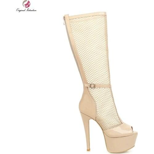Fashion Hollow Out Knee High Boots Rome Style High Heels Women Round Toe Peep Toe Zip Platform Shoes Sandals Bootie Size 33-48