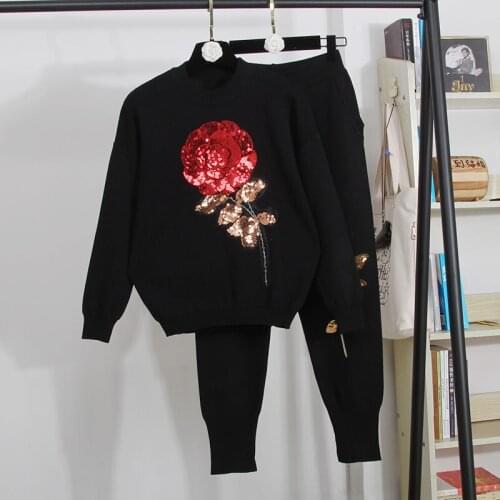 Fashion Rose Sequins Embroidery Knitted Tracksuit Women Outfits Korean Loose Black Knit Pullover Sweater Long Pants Set Female
