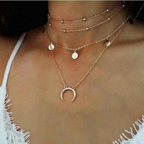 N866 Europe punk Chokers necklace round Wafer moon pendant multi - layer Round beads necklace Clavicle necklace jewelry