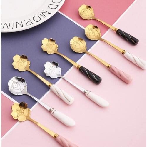 Tableware Coffee Stirring Spoon Ceramic Handle Flower Scoop Stainless Steel Gold Plated Cherry Rose Spoons Kitchen Tools