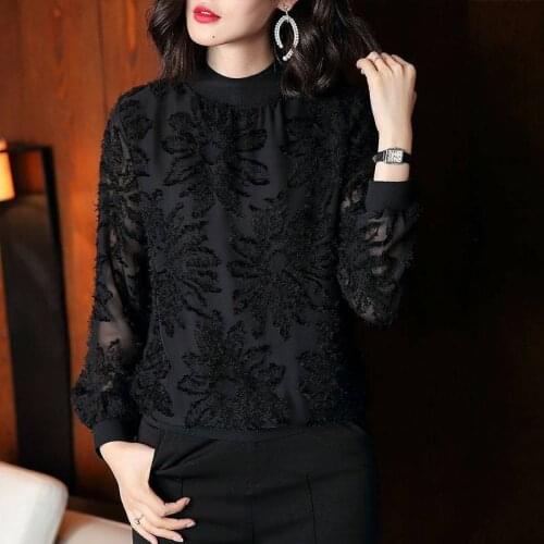 2021 spring new foreign style fashion small shirt female black wild long-sleeved lace ladies shirt round neck bottoming shirt