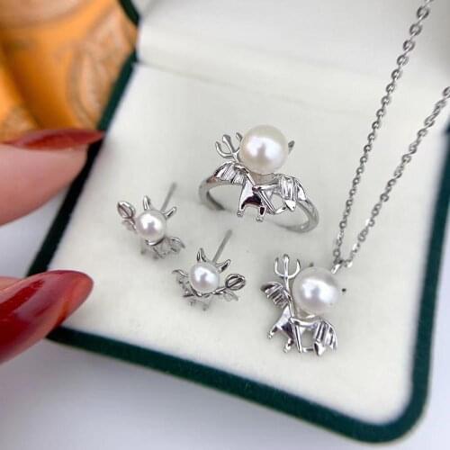 925 Sterling Silver Pendant Ring Earrings Set Mountings Findings Jewelry Set Parts Fittings Component for Pearls Beads Stones