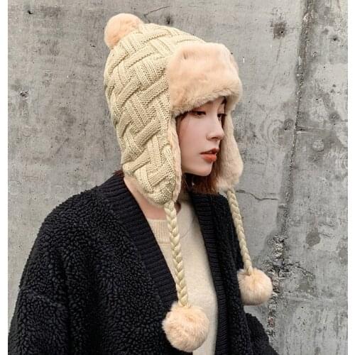 H3563 Womens Winter Bomber Hat Riding Windproof Warm Ear Protection Plus Velvet Knitted Cap Student Korean Thick Hair Ball Hats