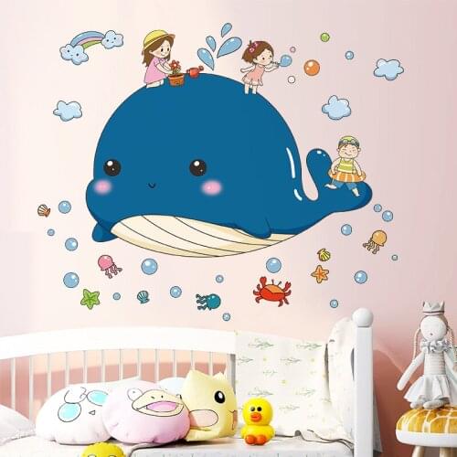 Cartoon Ocean Whale Wall Stickers Baby Room 3D Self Adhesive Wallpaper Bedroom Wall Decoration Animal Wall Decals Removable